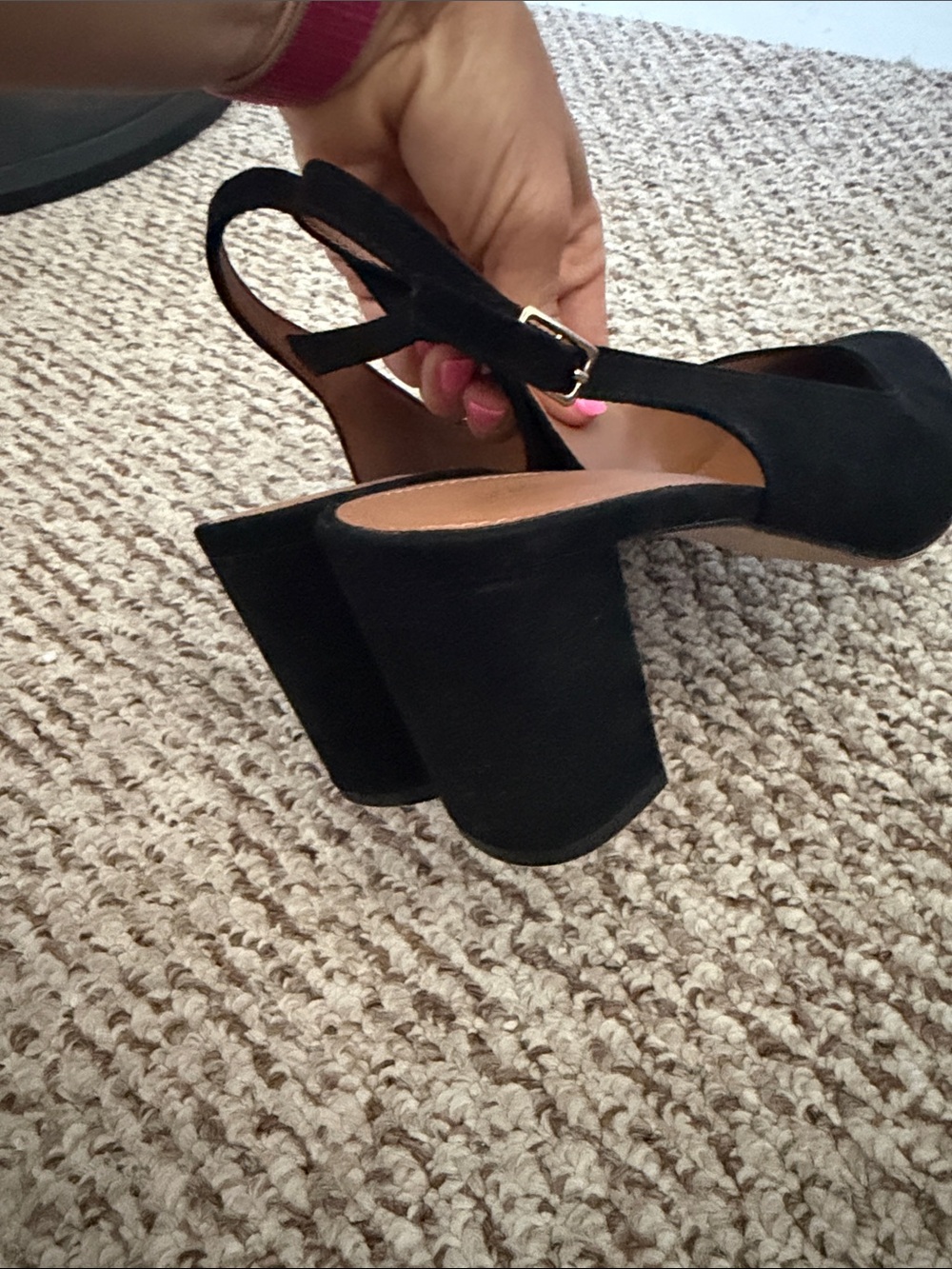 Classic Black Suede Slingback Block Heels - Picture 8 of 12